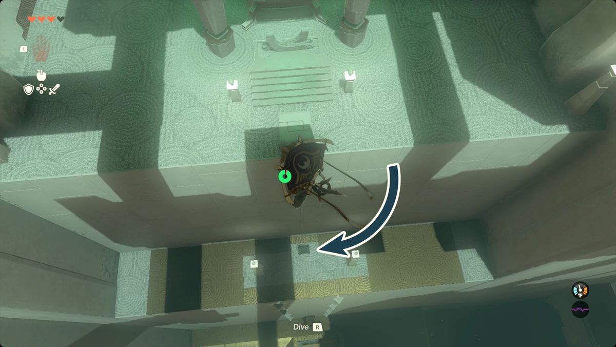 The Legend of Zelda: Tears of the Kingdom - Collega il parapendio vicino all'uscita del Santuario Morok.  C'è una cassa su una sporgenza sotto di lui.