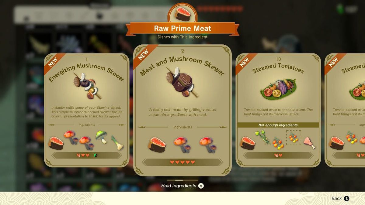 Un'immagine che mostra una selezione di ricette di Zelda: Tears of the Kingdom.  Una ricetta mostra una ricetta per un piatto di spiedini di carne e funghi che richiede carne e due funghi Hylian.