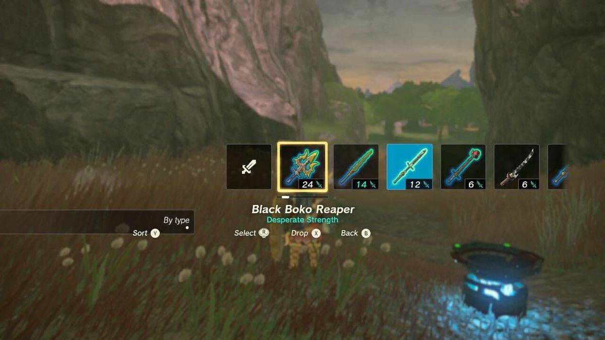 Un'immagine di una schermata pop-up in Zelda: Tears of the Kingdom che ti consente di cambiare l'arma equipaggiata.  Sotto l'oggetto c'è un'opzione per far cadere l'arma selezionata.
