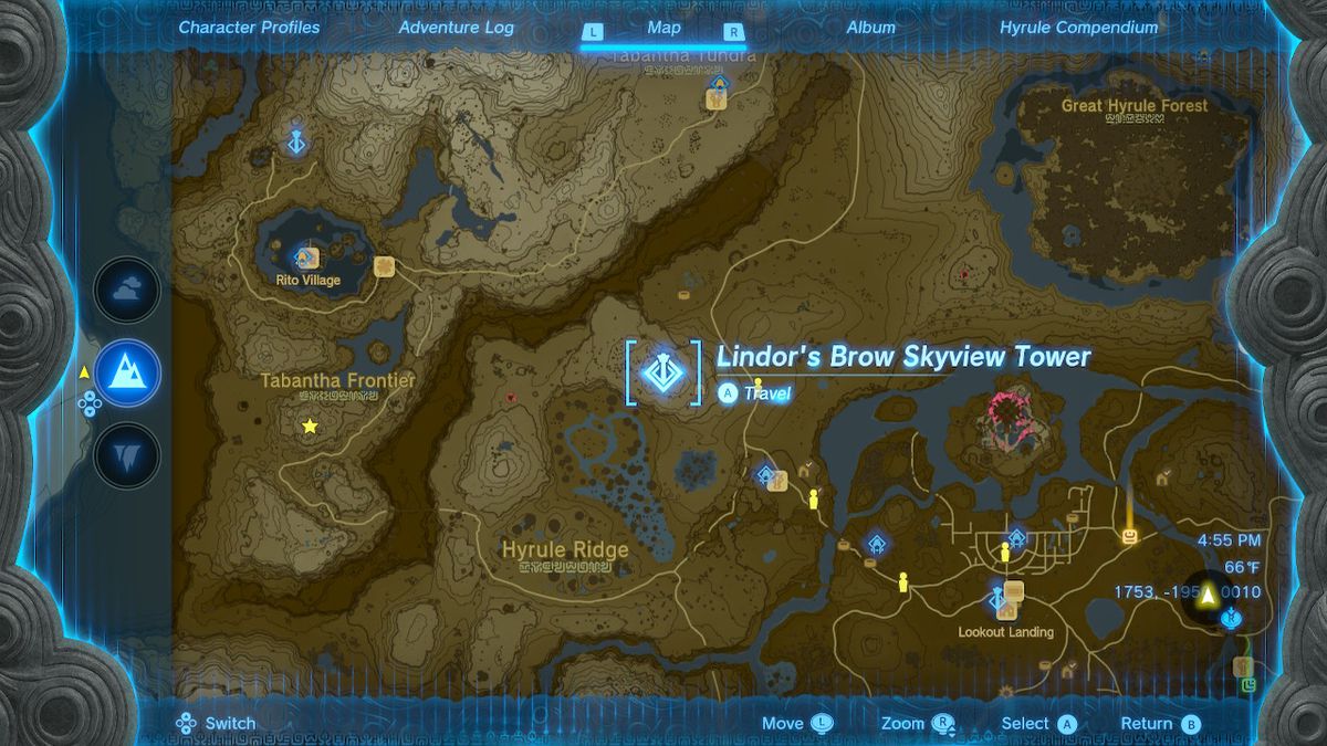 Una schermata della posizione della Brow Skyview Tower di Lindor in Zelda: Tears of the Kingdom
