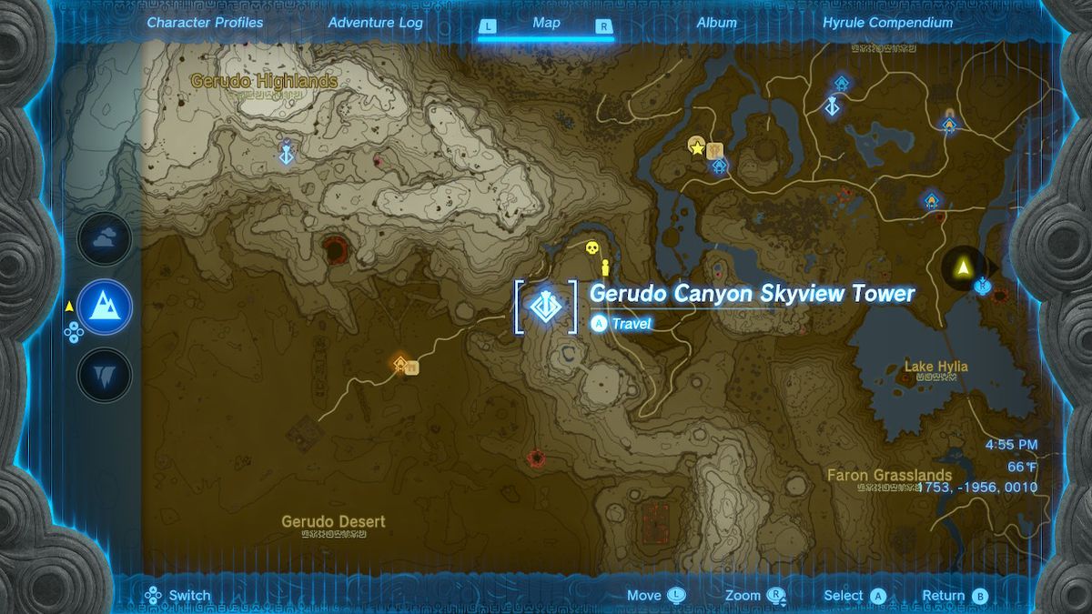 Una schermata della posizione della Geurdo Canyon Skyview Tower in Zelda: Tears of the Kingdom