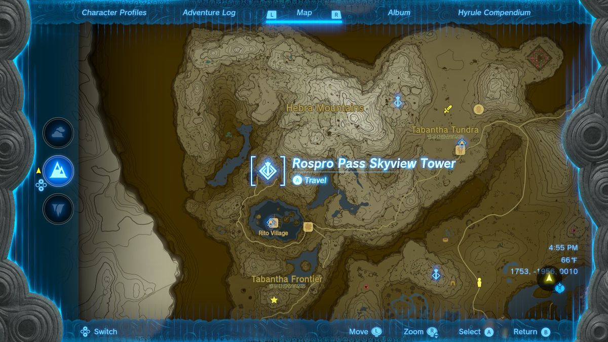 Una schermata della posizione della torre panoramica del Rospro Pass in Zelda: Tears of the Kingdom