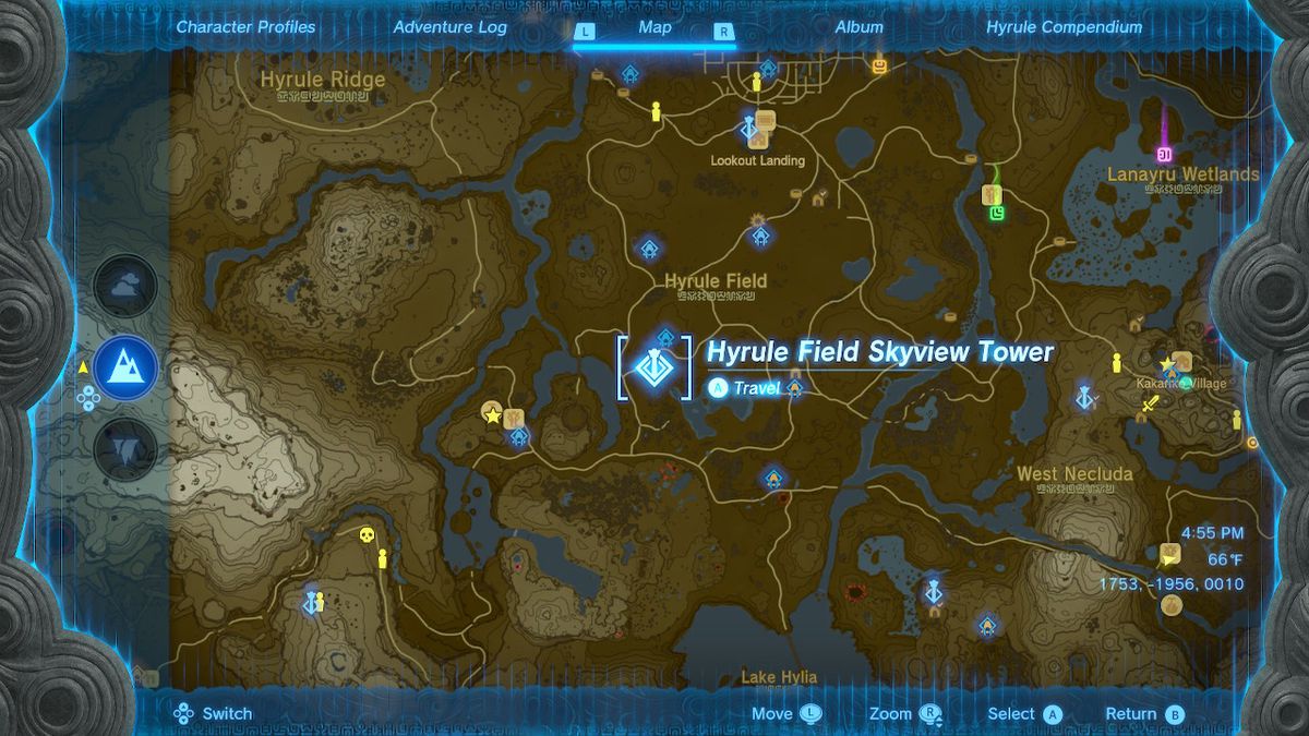 Una schermata con la posizione della Hyrule Field Skyview Tower in Zelda: Tears of the Kingdom
