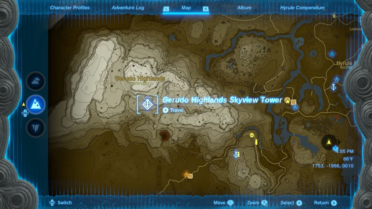 Una schermata della posizione della Gerudo Highlands Skyview Tower in Zelda: Tears of the Kingdom