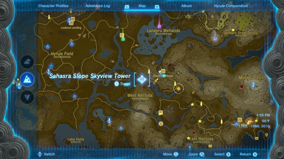 Una schermata della posizione della Sahasra Slope Skyview Tower in Zelda: Tears of the Kingdom
