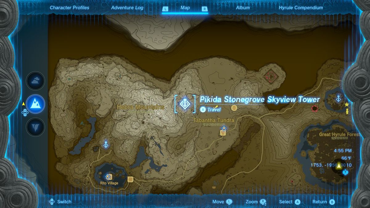Una schermata della posizione della Pikida Stonegrove Skyview Tower in Zelda: Tears of the Kingdom