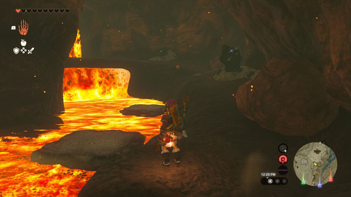 Link osserva due piattaforme rocciose che nuotano sulla lava in Zelda: Tears of the Kingdom