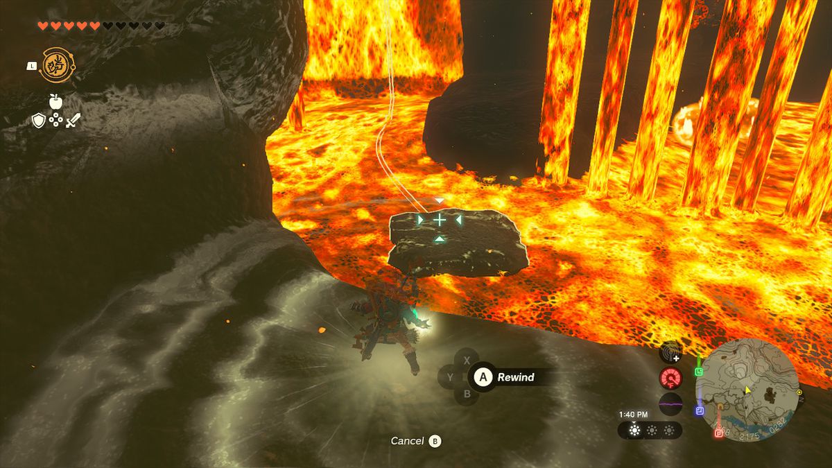 Link usa Recall per cambiare il movimento di una piattaforma rocciosa che nuota sulla lava in Zelda: Tears of the Kingdom