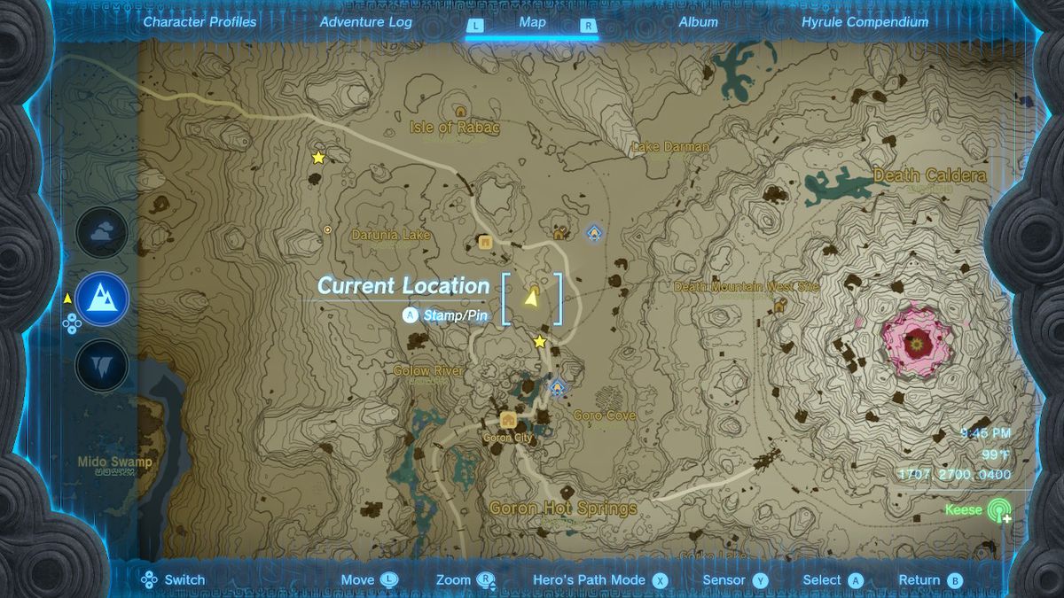 Uno screenshot della posizione sulla mappa della YunoboCo HQ South Cave in Zelda: Tears of the Kingdom