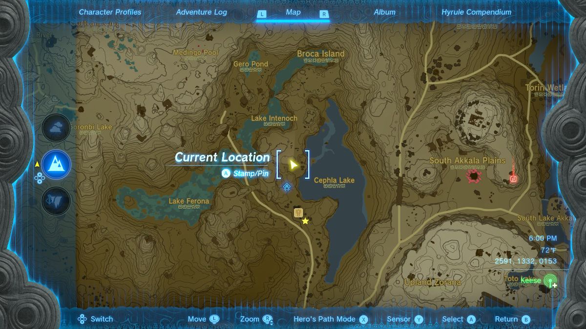 Uno screenshot della posizione sulla mappa della grotta del lago Cephla in Zelda: Tears of the Kingdom