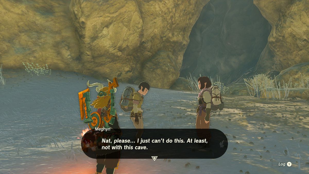 Link ascolta Meghyn e Nat che parlano della Caverna di Brightcap in Zelda: Tears of the Kingdom