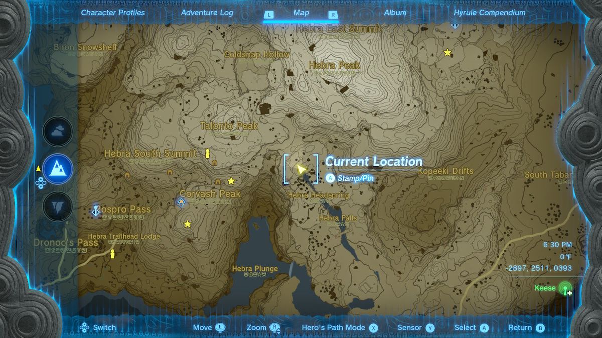 Uno screenshot della posizione della mappa della grotta Hebra Headspring in Zelda: Tears of the Kingdom