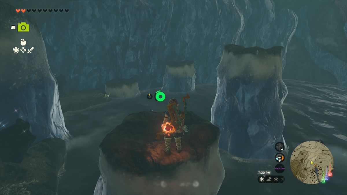 Link si trova su una struttura di ghiaccio all'interno di una grotta in Zelda: Tears of the Kingdom