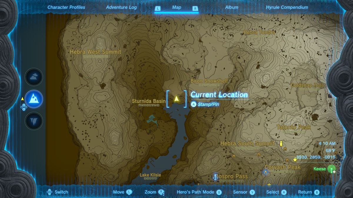 Uno screenshot della mappa che mostra la grotta del lago Kilsie in Zelda: Tears of the Kingdom