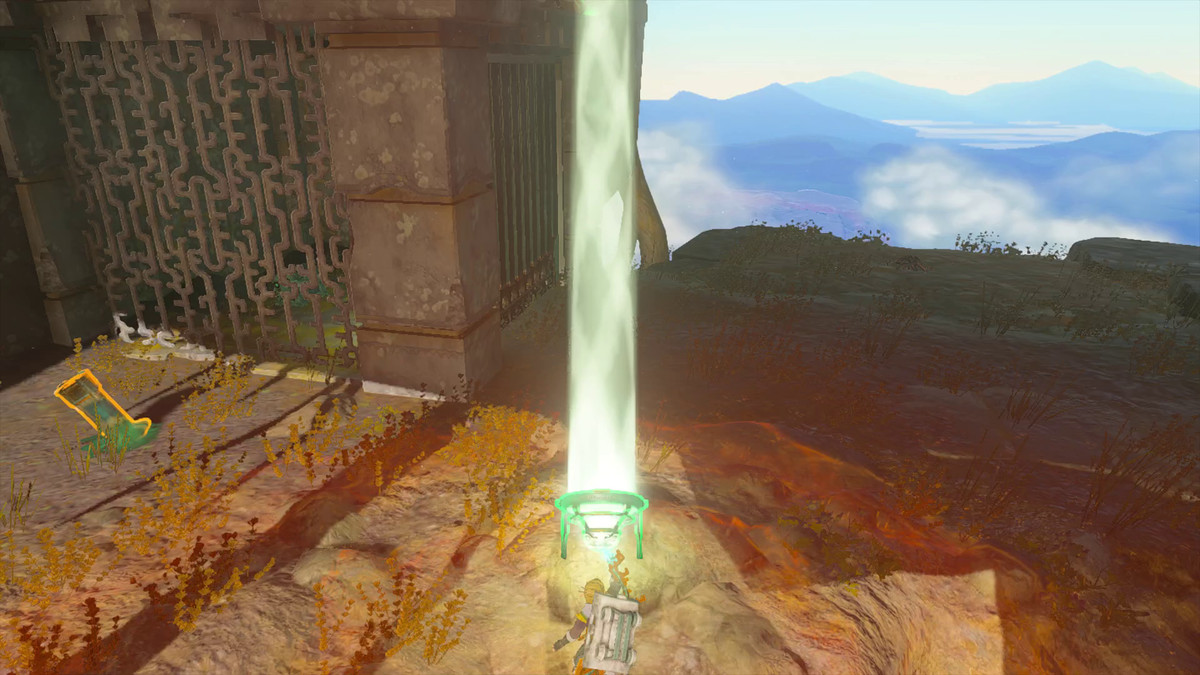 Link usa Ultrahand per puntare uno specchio su una piastra fuori dallo schermo per ottenere una cassa in Tears of the Kingdom