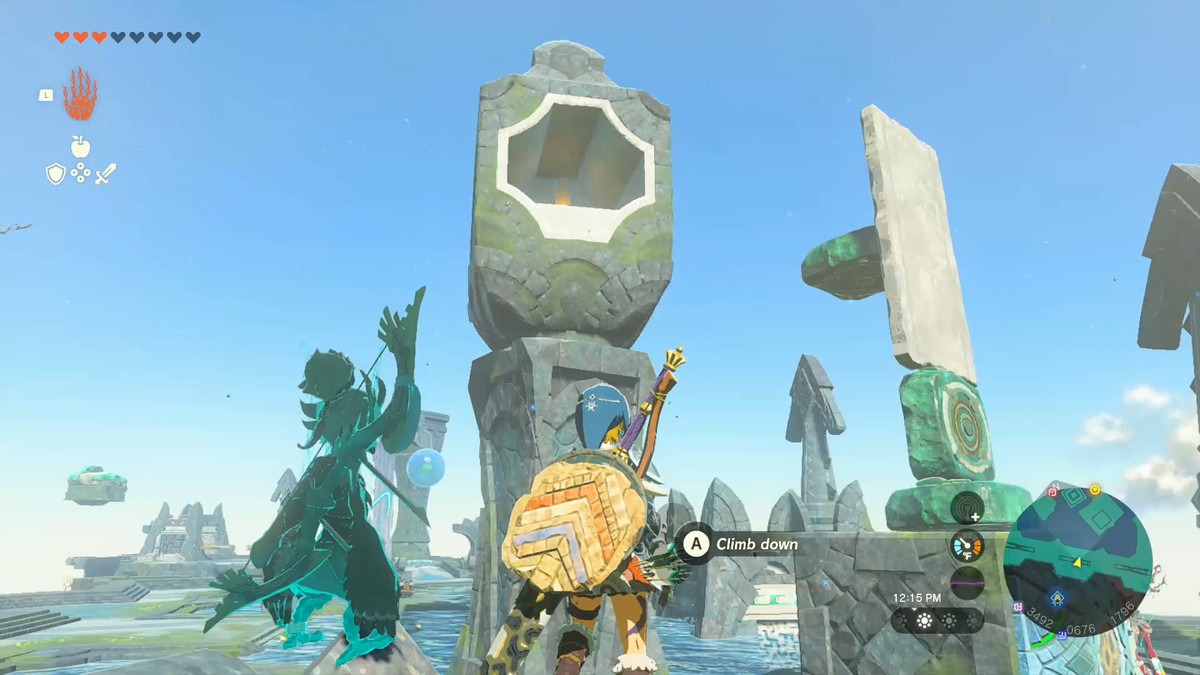Link nell'armatura di Zoroa si trova di fronte a un dispositivo rotante con un'alta struttura costruita con piattaforme Zonai e un'ardesia di pietra in Tears of the Kingdom