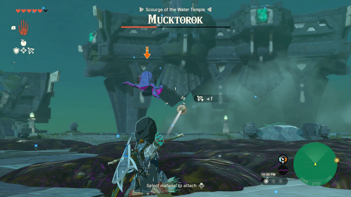 La creatura calamaro viola di Mucktorok si ritira in aria da Link, che ha l'arco alzato per scoccargli una freccia.  Il combattimento si svolge su una piattaforma di pietra aperta sotto un cielo notturno e il Mucktorork ha 1⁄3 della sua salute.