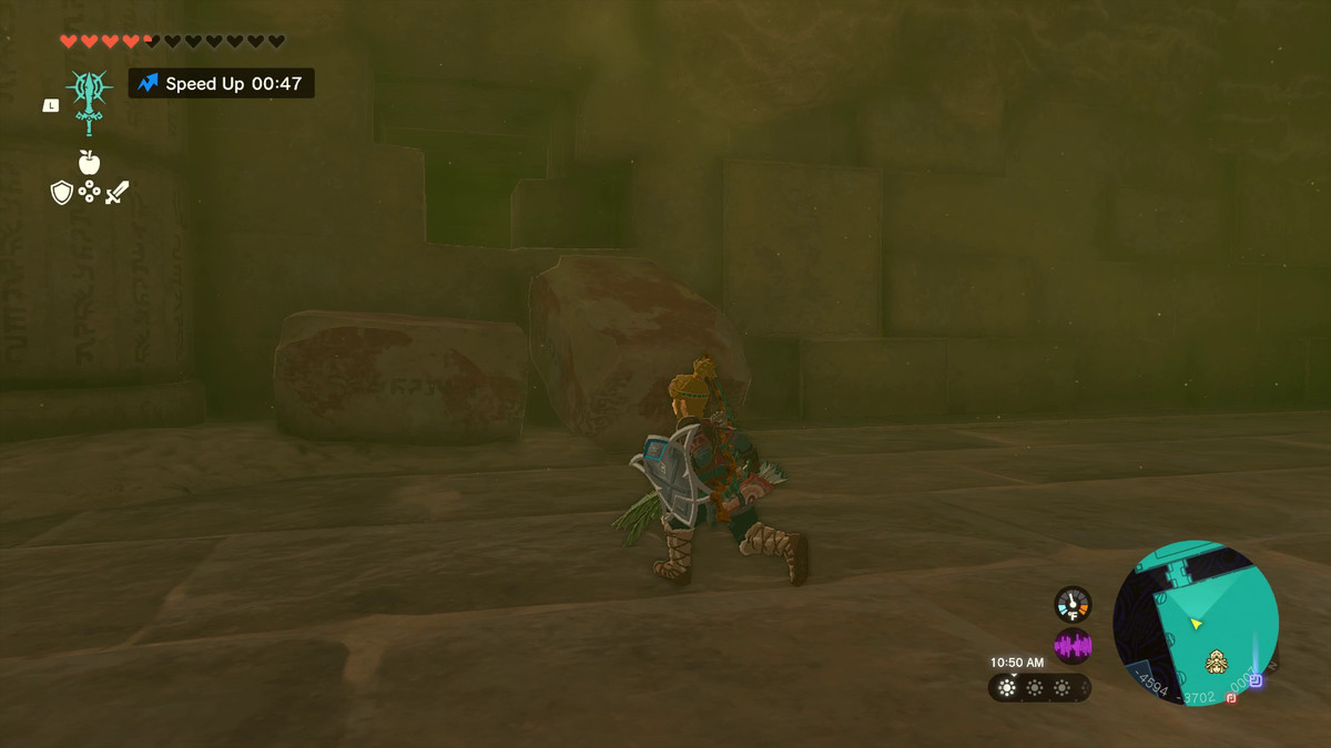 The Legend of Zelda: Tears of the Kingdom Link nel Tempio del Fulmine che corre verso un buco nel muro.