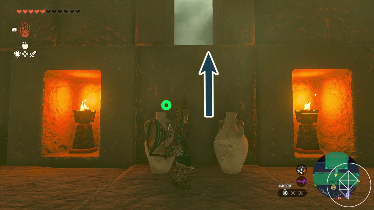 The Legend of Zelda: Tears of the Kingdom Link nel Tempio del Fulmine sotto il buco nel muro che conduce alla Stanza della Luce Naturale