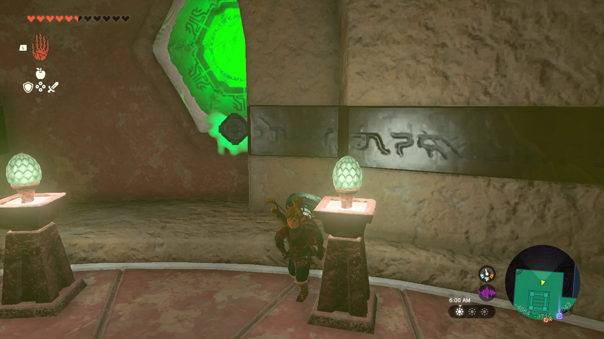 The Legend of Zelda: Tears of the Kingdom Link piazza un paletto con Ultrahand per fermare la rotazione del muro nel Tempio del Fulmine.