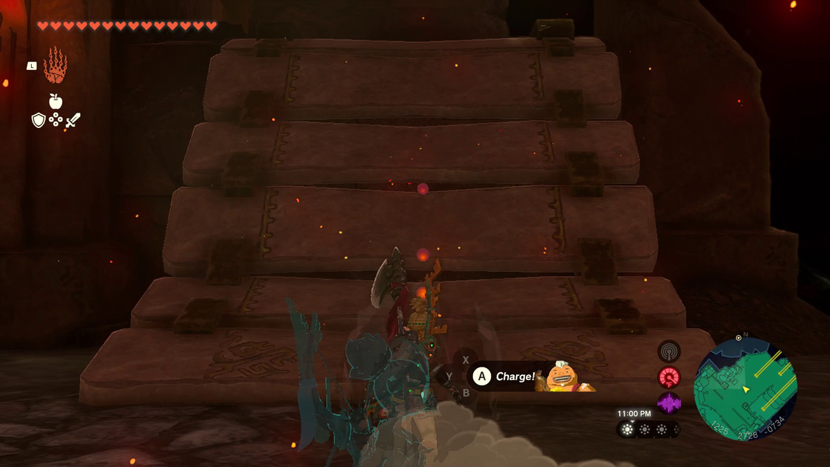 Link si allinea davanti a un ponte rotto inclinato in Tears of the Kingdom's Fire Temple