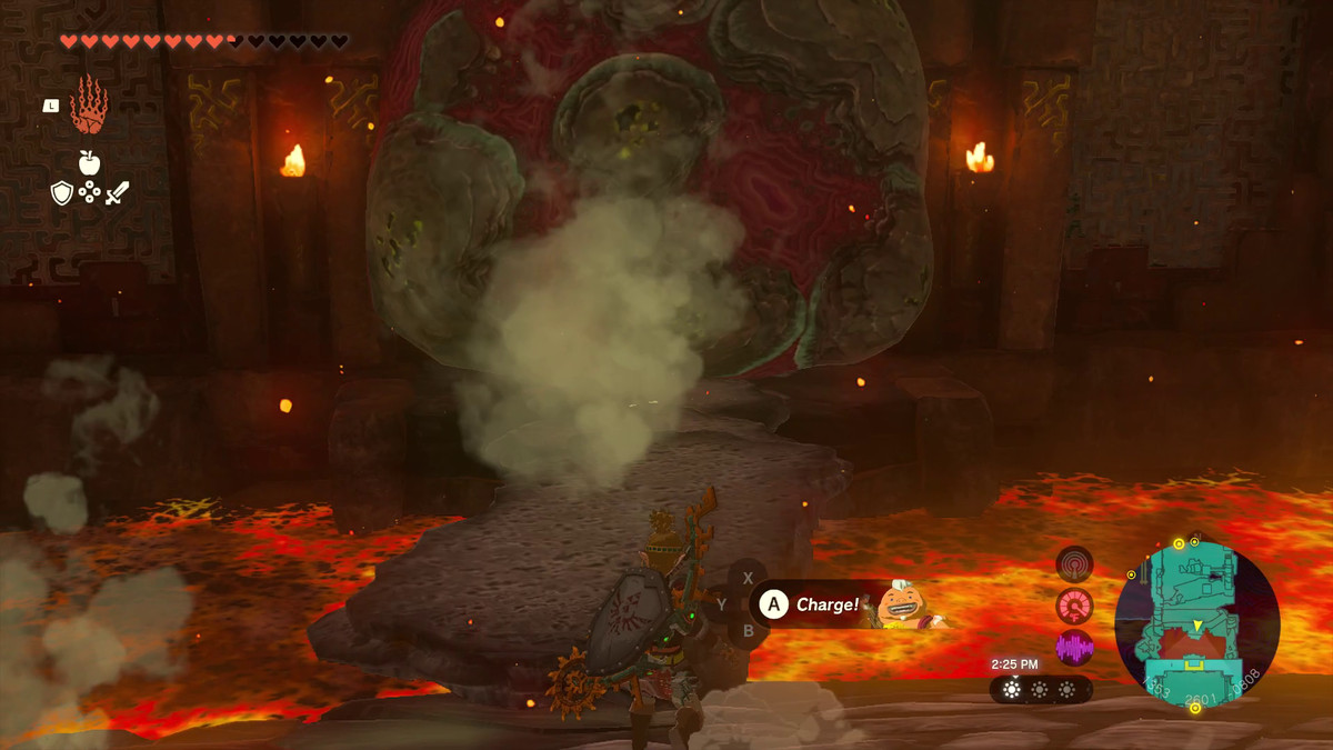Link crea un ponte di roccia lavica sulla lava per sparare a Yunobo contro una roccia fusa in Lacrime del Regno
