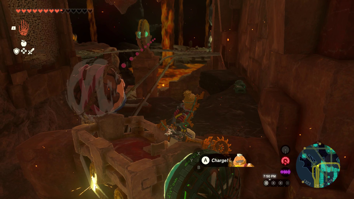 In Lacrime del regno, Link salta prematuramente da un carrello minerario per afferrare una cassa Zonai verde su una sporgenza di pietra