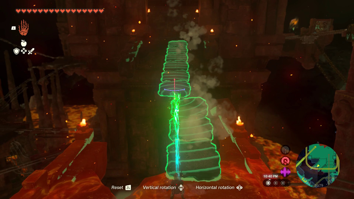 Link usa Ultrahand in Tears of the Kingdom per costruire un ponte ancora più lungo, coprendo un buco che altrimenti porterebbe alla lava.