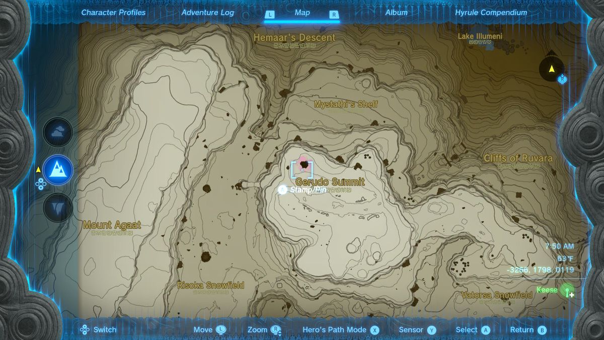 Uno screenshot della posizione sulla mappa del Gerudo Summit Chasm in Zelda: Tears of the Kingdom