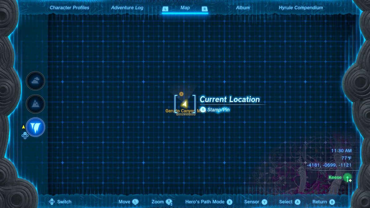 Uno screenshot della posizione sulla mappa della miniera di Gerudo Canyon in Zelda: Tears of the Kingdom