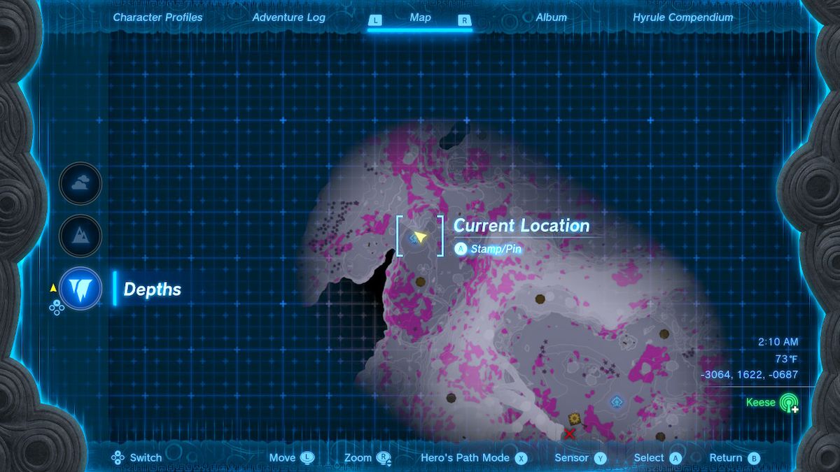 Uno screenshot della posizione sulla mappa del Kawumoro Lightroot in Zelda: Tears of the Kingdom