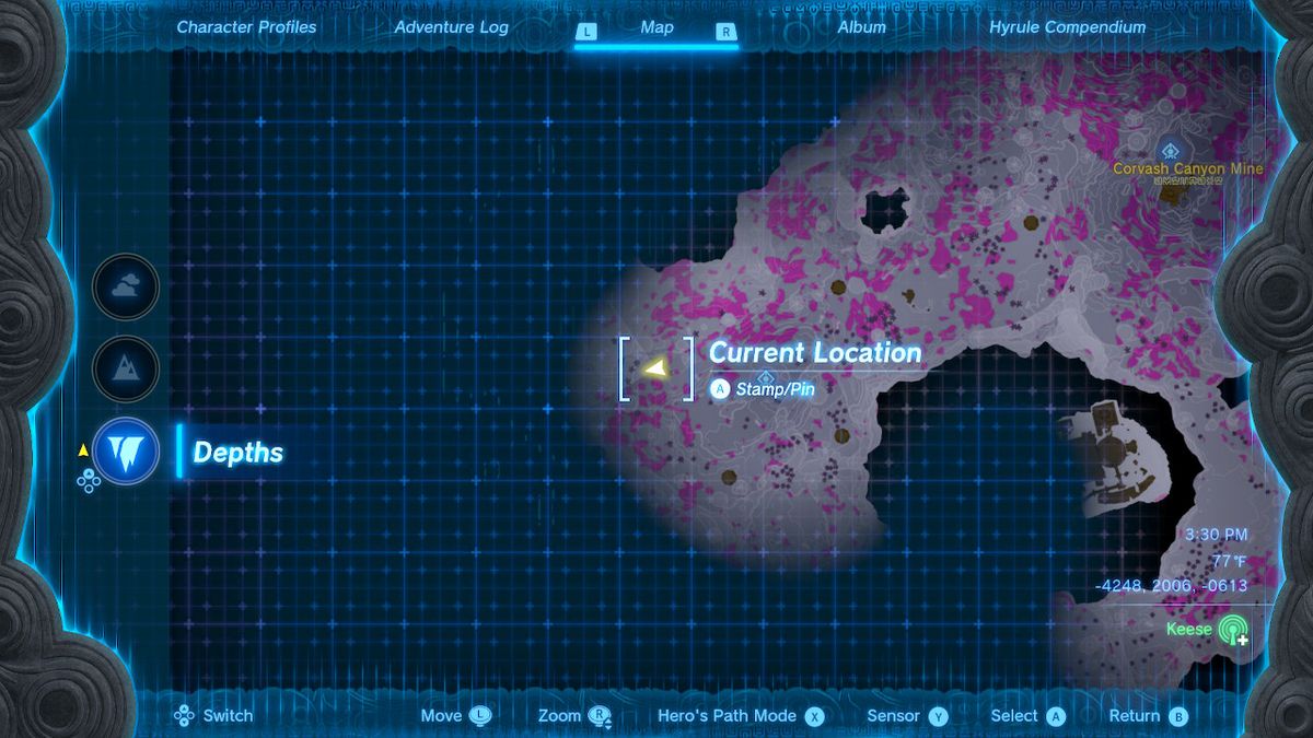 Uno screenshot di una posizione sulla mappa di Link, che indica che si sta dirigendo a ovest in Zelda: Tears of the Kingdom
