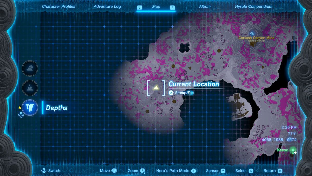 Uno screenshot della posizione sulla mappa di So-oaw Lightroot in Zelda: Tears of the Kingdom