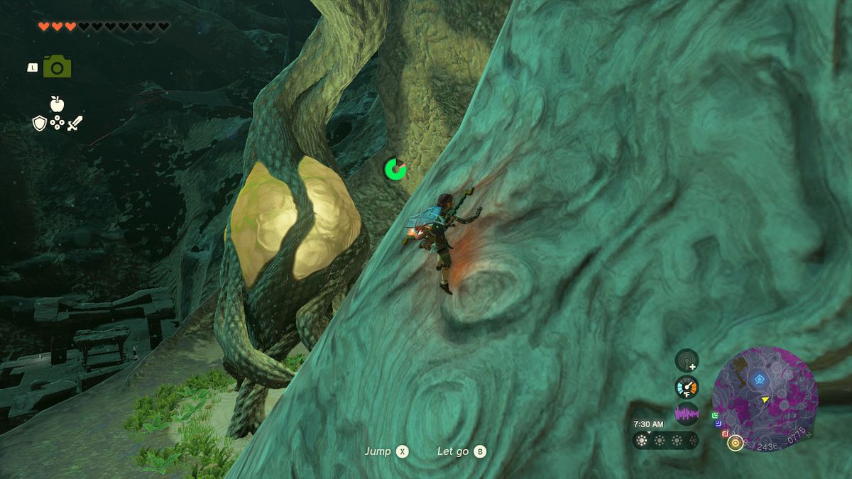 Link scavalca una radice sul lato destro di Worihas Lightroot in Zelda: Tears of the Kingdom