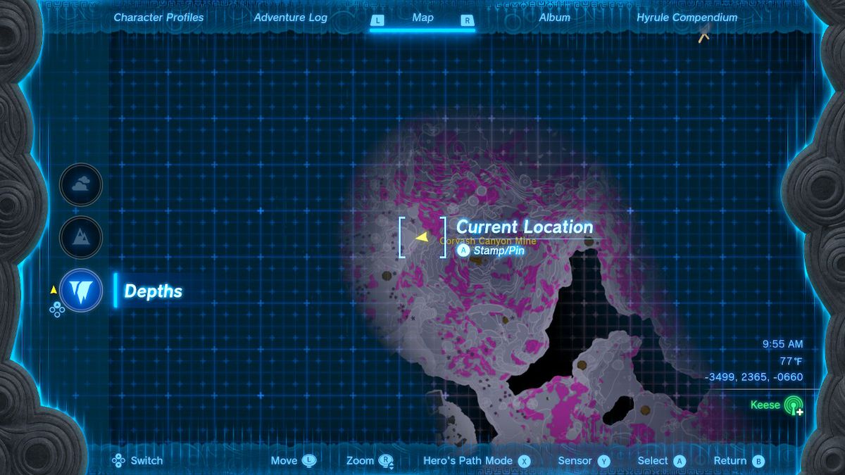 Uno screenshot della posizione sulla mappa che indica che Link si sta dirigendo a ovest della Corvash Canyon Mine in Zelda: Tears of the Kingdom