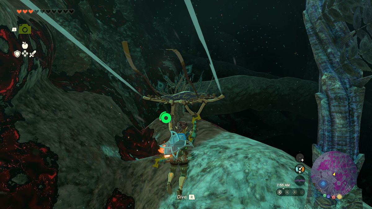 Link scivola su un sentiero vicino a un muro in Zelda: Tears of the Kingdom