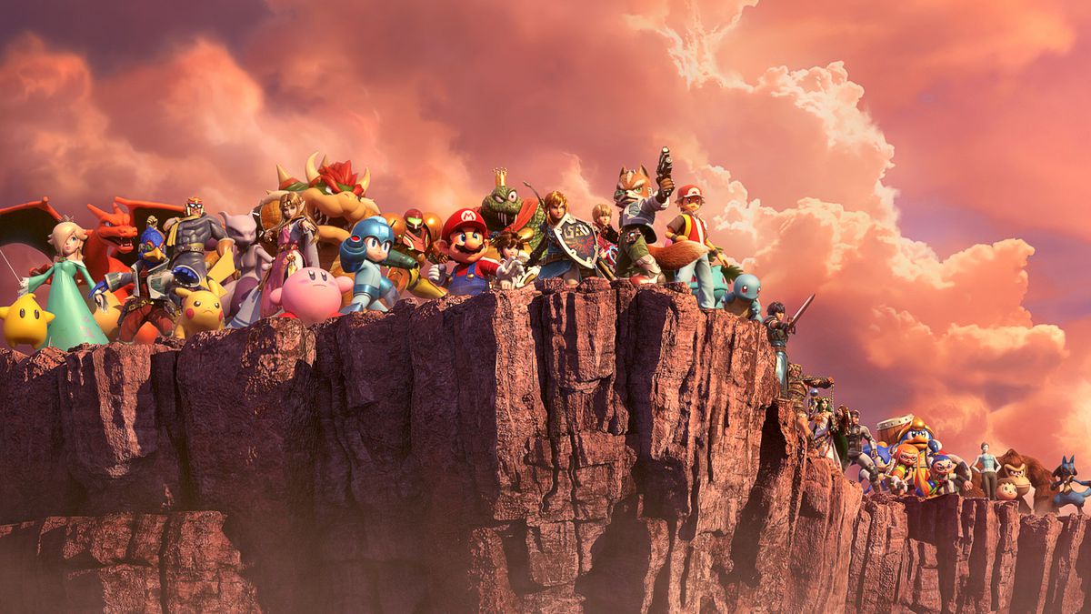 una fila di personaggi di Smash Bros. si trova sull'orlo di una scogliera in Super Smash Bros. Ultimate