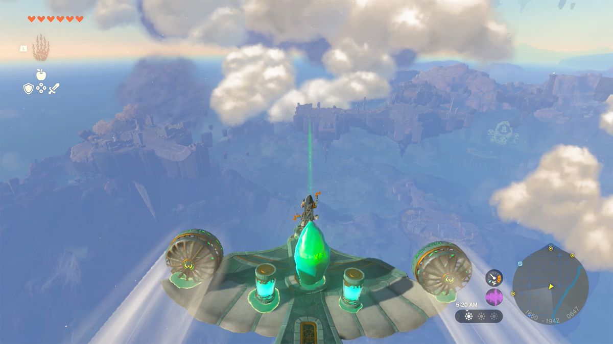 Link cavalca su un aliante Zonai verso il Santuario Ukoojisi in The Legend of Zelda: Tears of the Kingdom