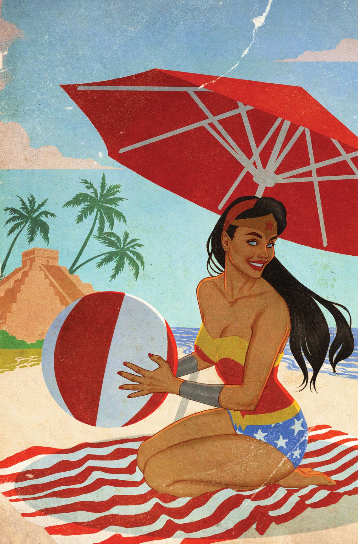 Wonder Woman si inginocchia tenendo un pallone da spiaggia sulla spiaggia, indossando un costume da bagno che ricorda il suo costume. 