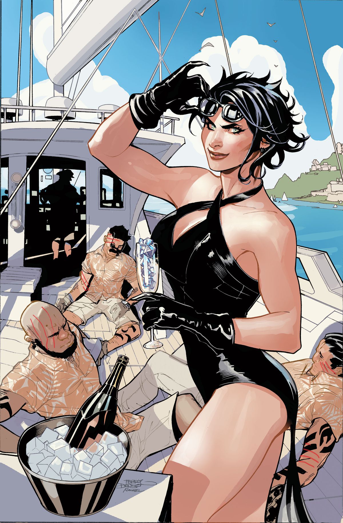 Catwoman tiene in mano un bicchiere di champagne e alza gli occhiali da sole.  Indossa un costume da bagno nero e si trova sul ponte di uno yacht disseminato di corpi privi di sensi di tizi. 