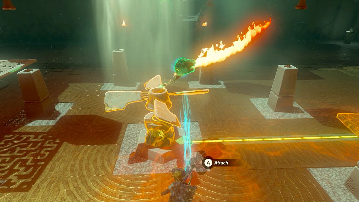 Link afferra un emettitore di fiamma Zonai usando Ultrahand nella parte 3 del puzzle Turbine Power nel Santuario Gemimik