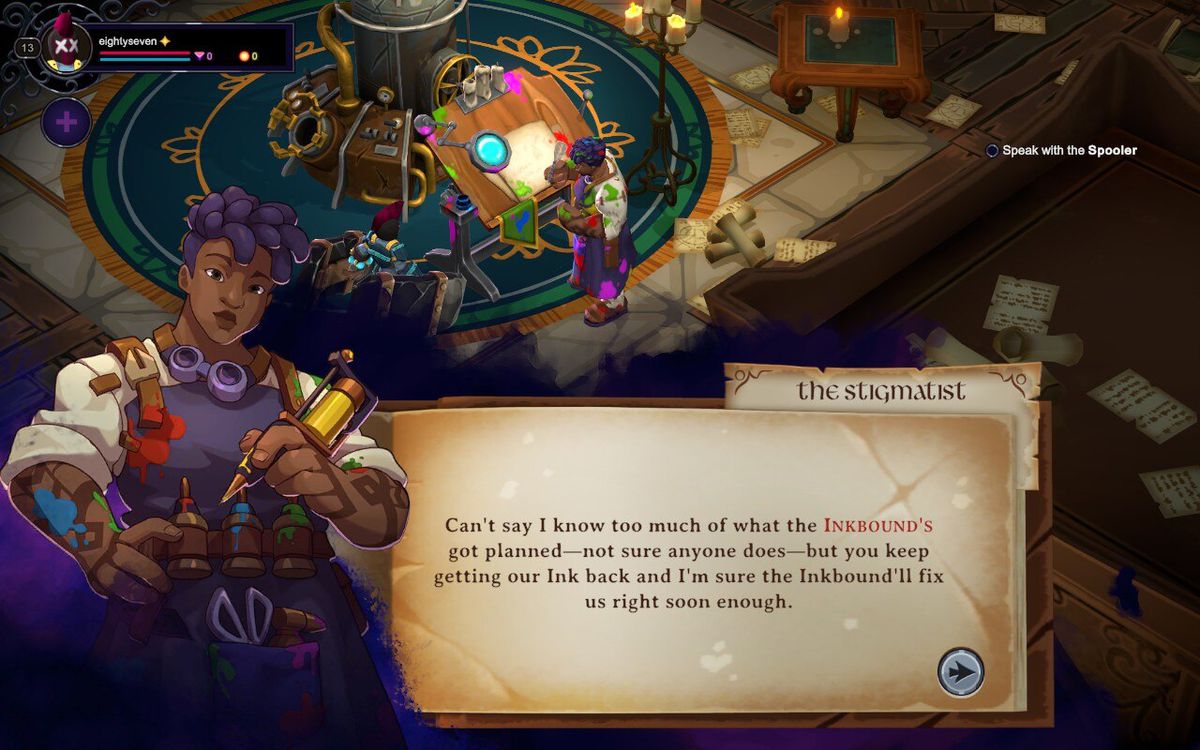 Il giocatore interagisce con l'NPC stigmatista in una scena di dialogo in Inkbound
