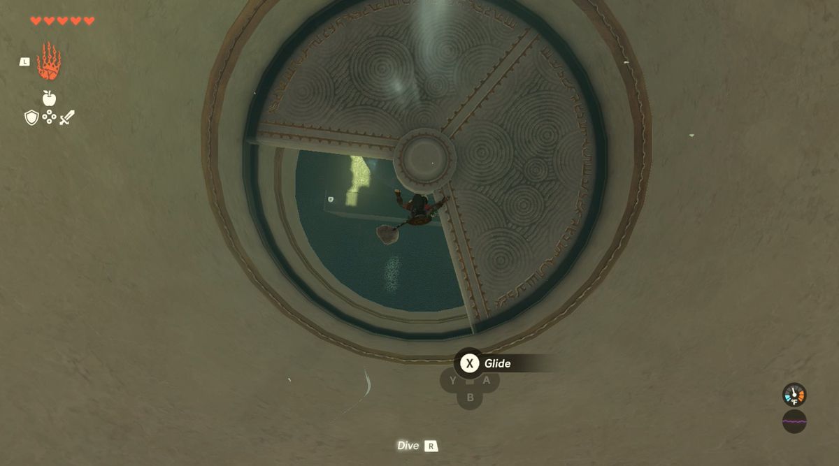 Link cade in un buco in Zelda: Tears of the Kingdom's Gatakis Shrine
