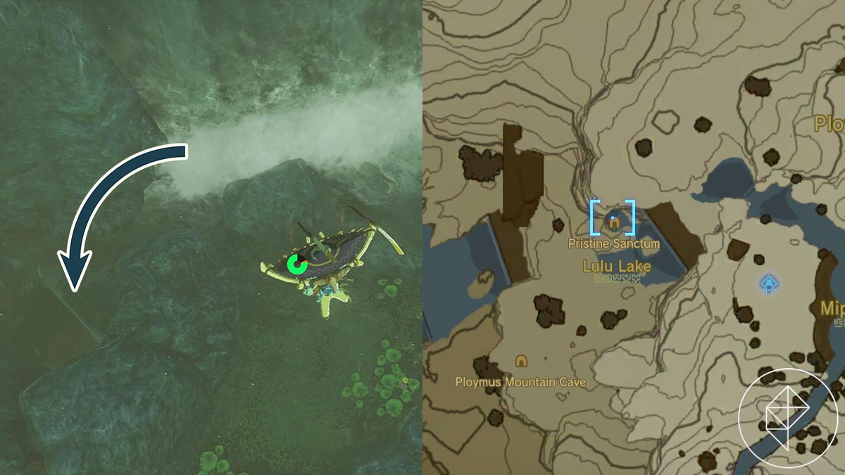 Immagine divisa di The Legend of Zelda: Tears of the Kingdom che mostra l'ingresso al nascondiglio di re Dorephon e una mappa che mostra la posizione vicino al lago Lulu.
