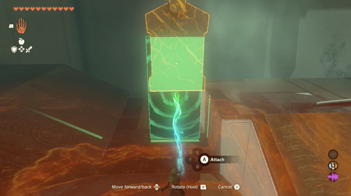 Link attacca un foglio di metallo alla parte anteriore di uno schiaffo nel Santuario di Utsushok in Zelda: Tears of the Kingdom