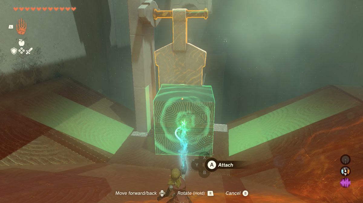 Link attacca un cubo a uno schiaffo nel santuario di Utsushok in Zelda: Tears of the Kingdom