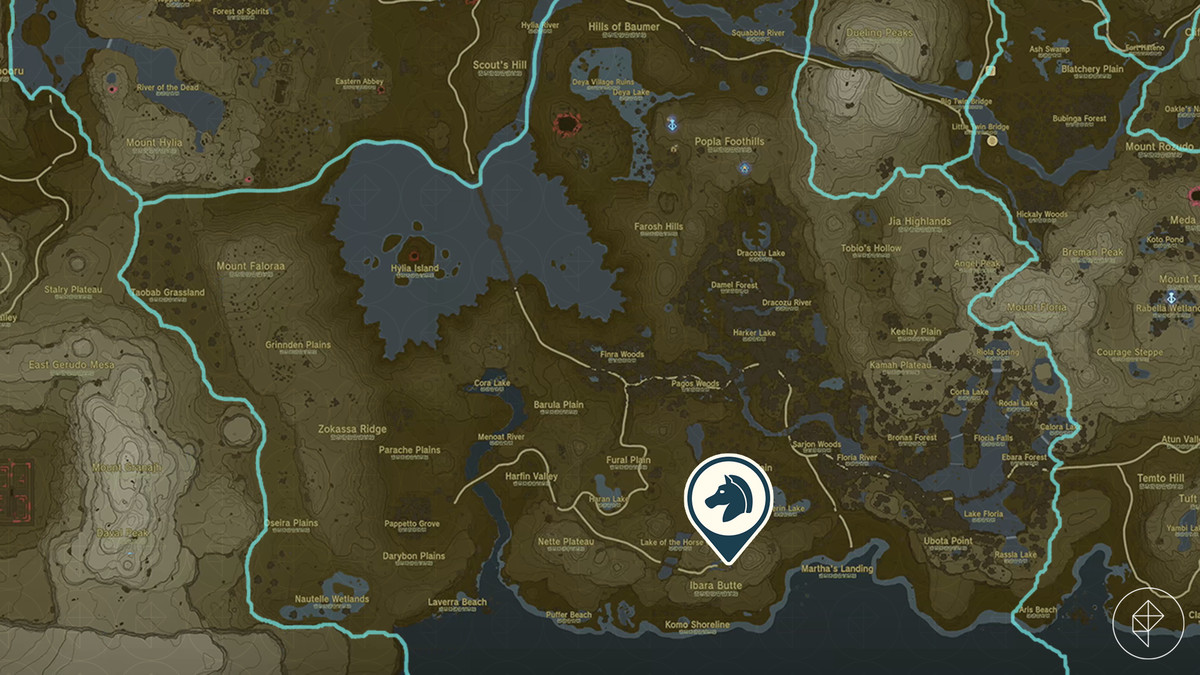 Mappa di The Legend of Zelda: Tears of the Kingdom che mostra la posizione dello Stallone Bianco Gigante vicino al Lago del Dio Cavallo