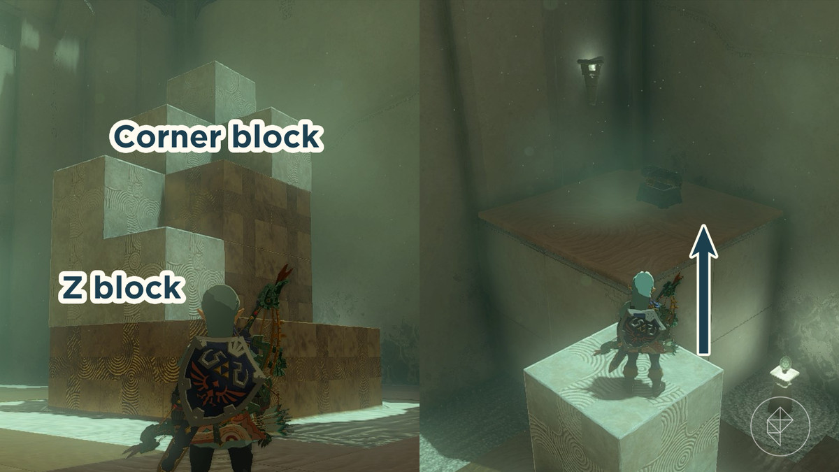 Link rimuove l'angolo e il blocco L da un cubo appena creato e ne posiziona uno sopra il cubo per creare una maggiore elevazione.