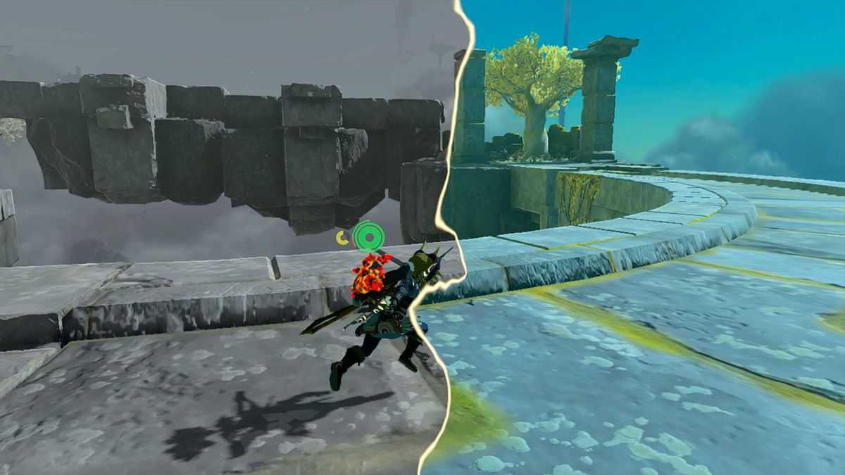 Link attraversa un ponte mentre Recall ha effetto in The Legend of Zelda: Tears of the Kingdom