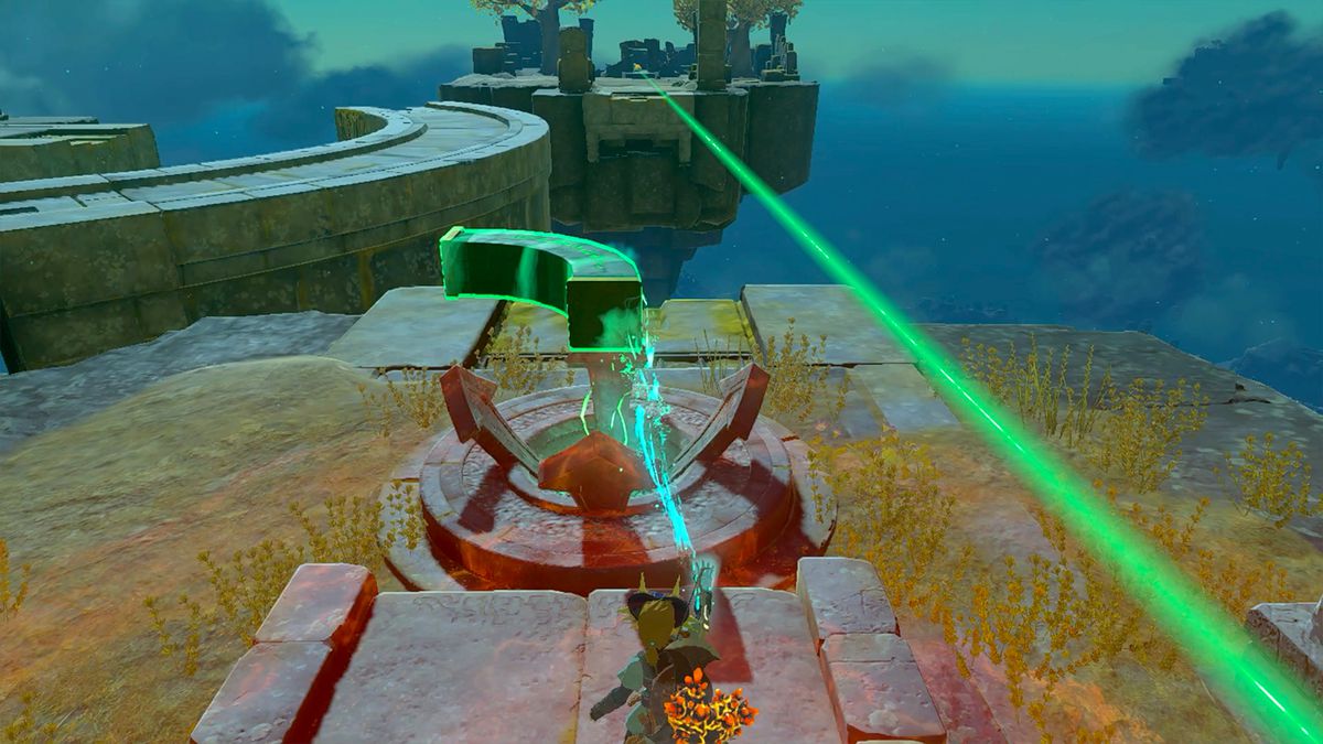 Link sposta un ponte ad arco in pietra con un dispositivo in The Legend of Zelda: Tears of the Kingdom